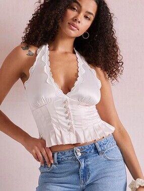 PACSUN Elegant Light Pink Satin Trin Lace Halter Top XL NWT